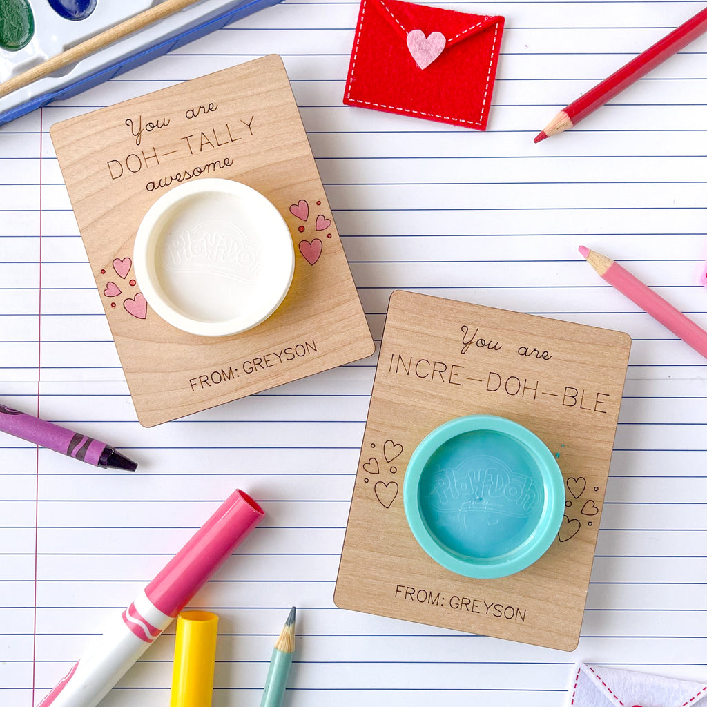 Valentines Day Gifts- Playdoh with pesonalized wood engarved card